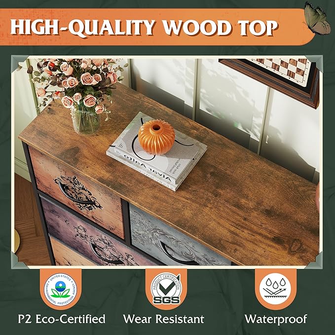 WLIVE 7 Drawer Dresser TV Stand, Entertainment Center, Media Console Table with Metal Frame and Wood Top for TV up to 45 inch, Chest of Drawers for Bedroom, Living Room, Pattern