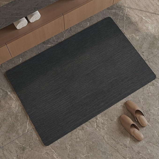 Mecko Bath Mat, Ultra Absorbent Quick Dry Bathroom Floor Mats-Rubber Non-Slip Thin Bathroom Rug Fit Under Door, Faux Suede Surface Shower Rug for Bathtub, Sink, Shower Room(Black,17"x27.5")