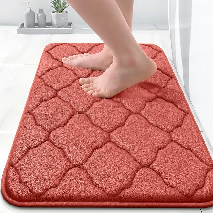 OLANLY Memory Foam Bath Mat Rug 24x16, Ultra Soft and Absorbent Bathroom Rugs, Non-Slip, Comfortable, Machine Washable Bath Carpet for Bathroom Floor, Tub, Shower and Home Decor Accessories, Coral