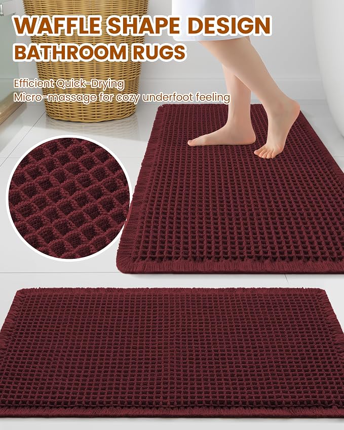 Smiry Waffle Bath Mat 36x24, Extra Soft Absorbent Bathroom Rugs, Non Slip Machine Washable Quick Dry Bath Rugs for Bathroom Floor, Tub, Shower, Home Decor Accessories, Burgundy