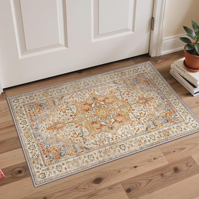 GENIMO Kitchen Rugs Non Slip Washable, 2PCS Kitchen Mats for Floor, Cushioned Standing Mat, Kitchen Runner Rug Floor Mat for Kitchen Decor, Laundry, Sink, Home, 20"x32"+20"x48", Orange&Brown