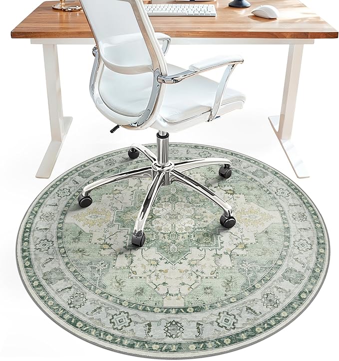 48"x48" Office Chair Mat for Hardwood Tile Floor, Under Desk Carpet Protector for Rolling Computer Chair Mat, Machine Washable Round Area Rug, Anti-Slip 1/5" Thick Low Pile Thin Floor Mat, Green