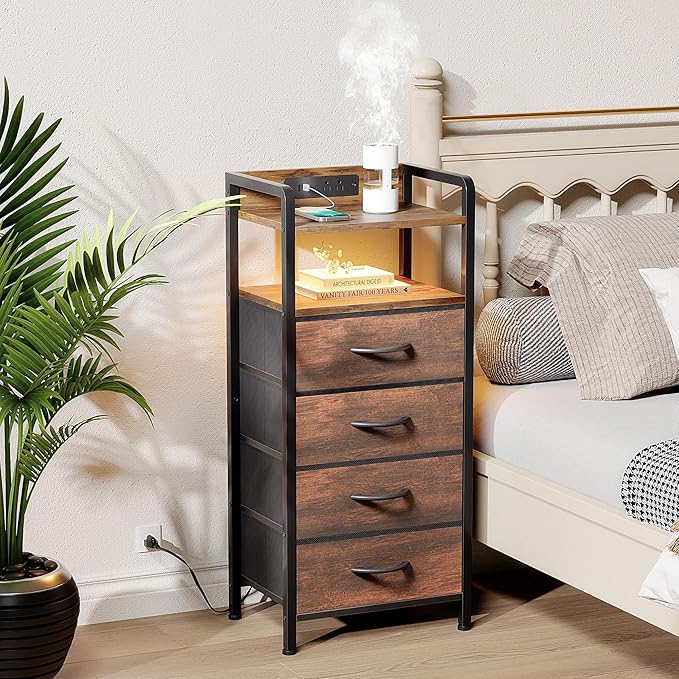 Lazzanto Night Stand Bedside Table Bedroom - Tall Nightstand with Charging Station & LED Light Strip, Bed Side Table with Storage Shelf & 4 Drawers, End Table with U-S-B Ports & AC Outlets, Brown
