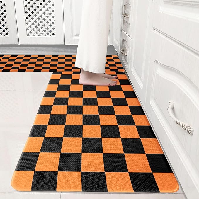 Black Orange Checkered Grid Checkerboard Kitchen Rug Sets [2 PCs], Anti-Fatigue, Waterproof Non-Slip Kitchen Mats Heavy Duty Ergonomic Comfort Foam Rug for Floor, Home,17"x29"+17"x47"