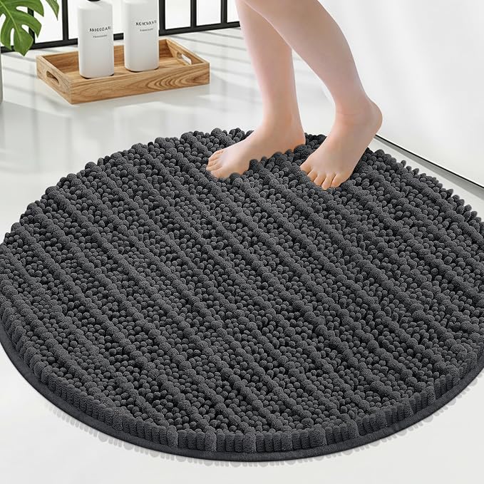 Smiry Bathroom Rugs Mat Round 24x24, Soft Absorbent Chenille Bath Rugs, Non Slip Rubber Backing Machine Washable Quick Dry Bath Mats for Bathroom Floor, Tub, Shower, Home Decor Accessories, Dark Grey