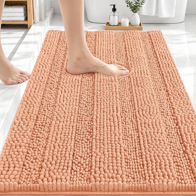 OLANLY Thick Bathroom Rugs 30x20, Extra Soft Absorbent Chenille Striped Bath Rugs, Rubber Backing, Machine Wash Dry, Bath Mats for Bathroom Floor, Tub and Shower, Home Decor Accessories, Peach