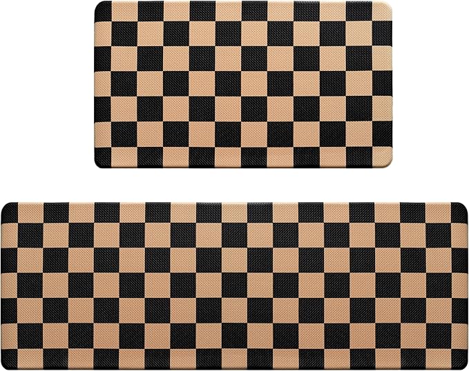 Black Brown Checkered Grid Checkerboard Kitchen Rug Sets [2 PCs], Anti-Fatigue, Waterproof Non-Slip Kitchen Mats Heavy Duty Comfort Foam Rug for Kitchen, Floor, Home, Laundry,17"x29"+17"x47"