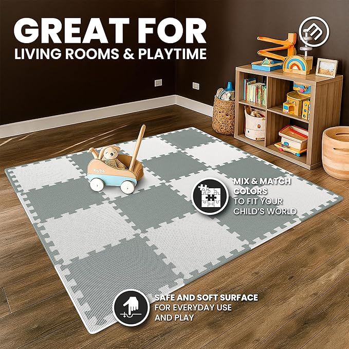 bemaxx Gym Mats Set - 18 pcs EVA Interlocking Foam Floor Tiles (12.6"x12.6"x0.4") 18sqft Protective Gym Flooring Sports Home Workout Exercise Mats Puzzle Garage Fitness Play-Room Pool Treadmill Bike