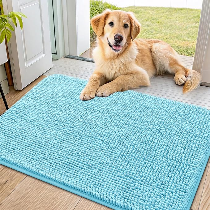 Smiry Dog Door Mat for Muddy Paws 36x24, Absorbent Dirt Trapper, Non-Slip Washable Chenille Entryway Rug for Inside Floor, Sky Blue, Classic Solid