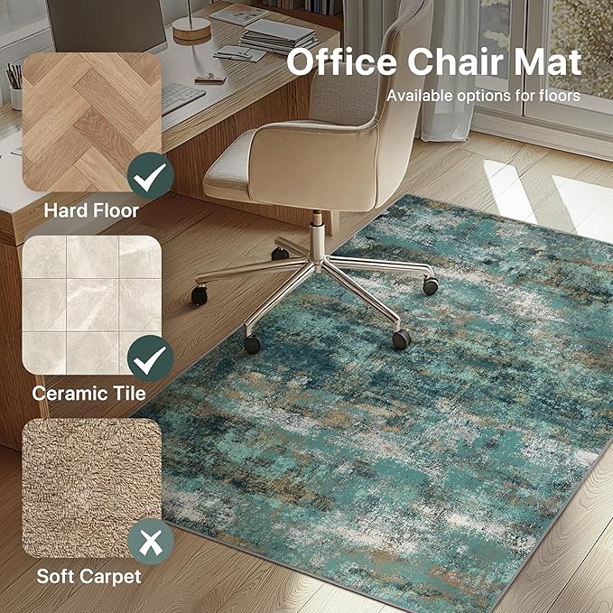 36"x48" Office Chair Mat for Hardwood Tile Floor, Under Desk Carpet Protector for Rolling Computer Chair Mat, Machine Washable Area Rug, Anti-Slip 1/5" Thick Low Pile Thin Vinyl Floor Mat, Teal Blue