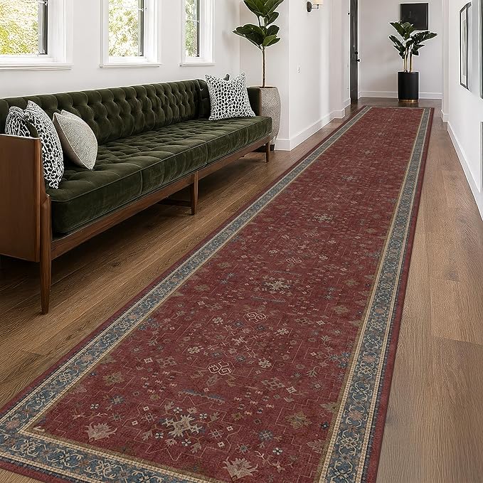 Hazo Haus Burgundy Washable 3x20 Extra Long Hallway Runner Rug, Neutral Boho Large Kitchen Floor Rug Indoor, Non-Slip Stain & Fade Resistant, Vintage Bohemian Red Floral Décor