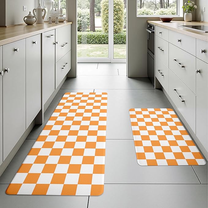 White Orange Checkered Grid Checkerboard Kitchen Rug Sets [2 PCs], Anti-Fatigue, Waterproof Non-Slip Kitchen Mats Heavy Duty Comfort Foam Rug for Kitchen, Floor, Laundry,17"x29"+17"x47"