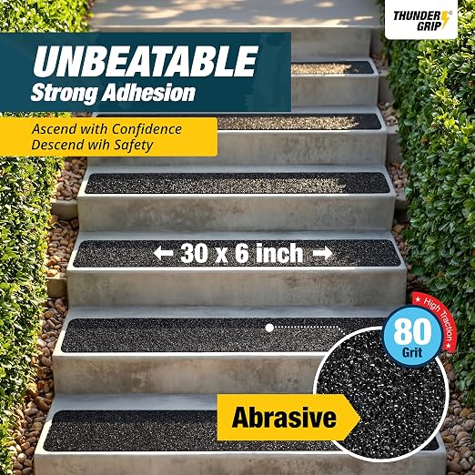 THUNDER GRIP Outdoor Stair Treads - Non Slip 30" x 6" - 12-Pack Weather Resistant Exterior Grip Tape - Anti Skid Strips - Waterproof 80-Grit Adhesive Treads