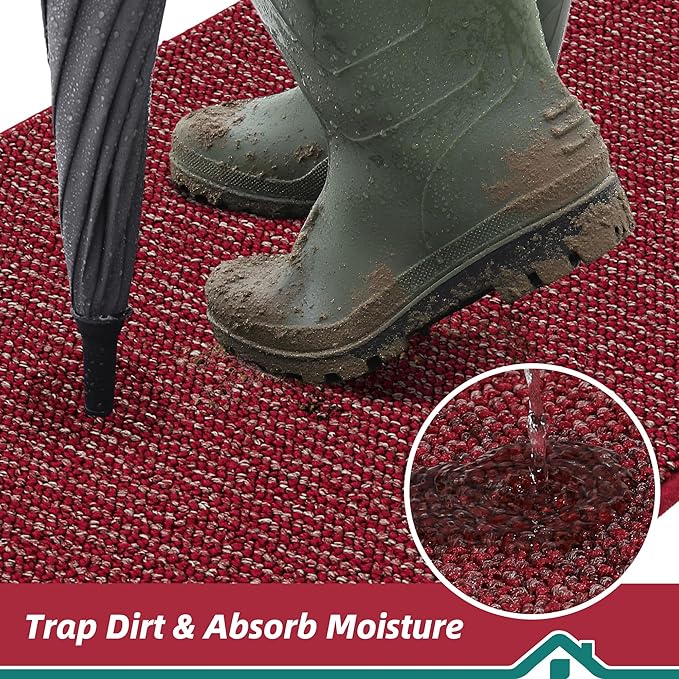 BEQHAUSE Dirt Trapper Door Mat 20" x 32", Non-Slip Washable Doormats Entrance Mat, Dirt Resistant and Absorbent Welcome Mat, Low Profile Floor Mats for Front Back Door and Entryway, Red