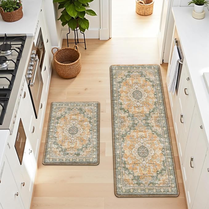 Boho Kitchen Mats for Floor 2 Piece Set Anti Fatigue Cushioned PVC Kitchen Rugs Non Slip Waterproof Farmhouse Mats 2/5 Inch Comfort Standing Mat for Sink, Laundry, 17.3"x59"+17.3"x28", Green Orange