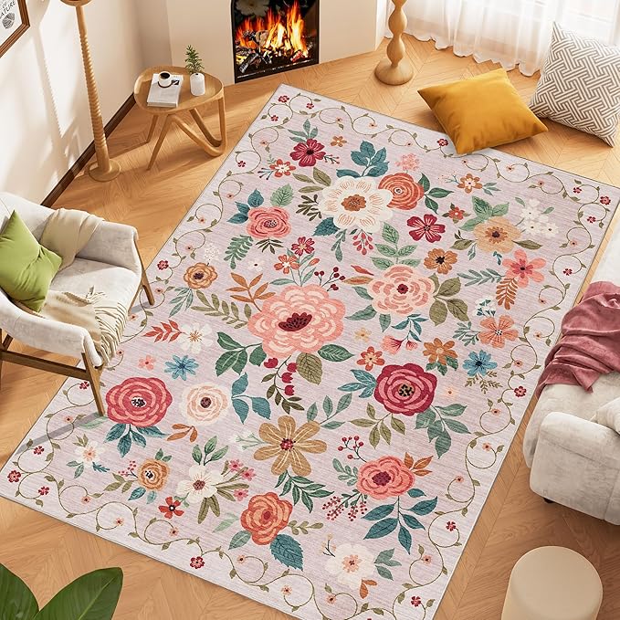 DUKINO 9x12 Area Rug, Floral Rugs for Living Room, Lightweight Non Slip Washable Rug, Indoor Low Pile & Non-Shedding Boho Design Rugs for Bedroom, Living Room, Dining Room, Beige