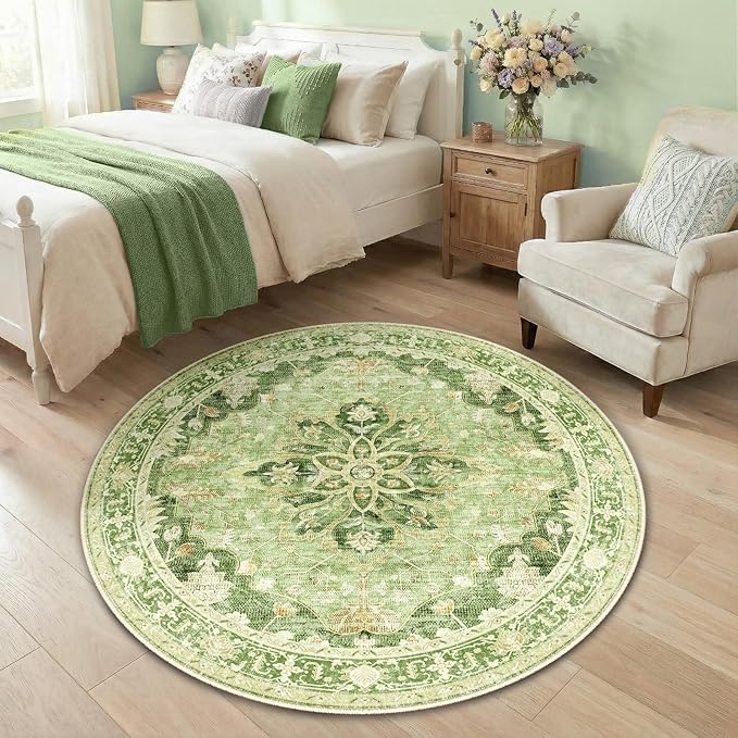 RELEANY Area Rugs Round 4ft Washable Non-Slip, Floral Vintage Distress Medallion Carpet for Living Room Bedroom Dining Room, Sage Green Yellow