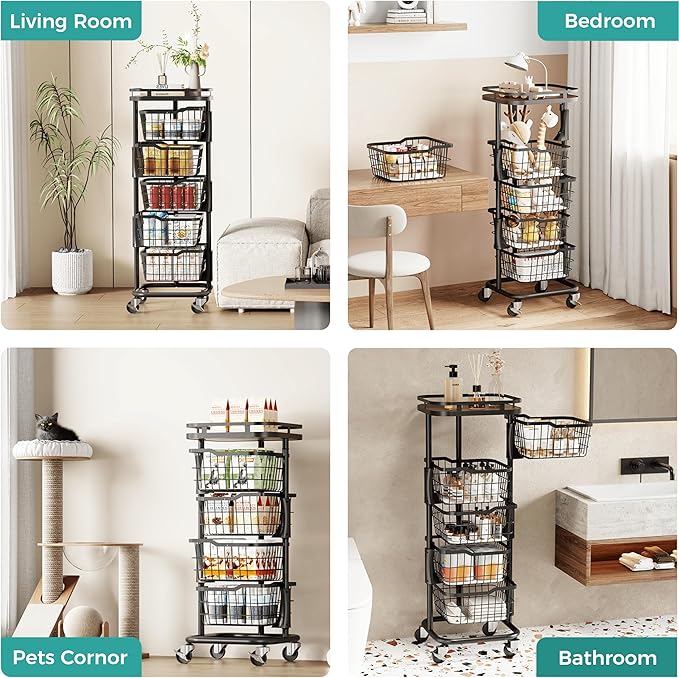 5 Tier Kitchen Fruit Vegetable Storage Cart with One-Piece Rotating Basket, Pantry Organizer Shelf Rack Floor Stand for Veggie Onion Potato Produce Spice, Rolling Snack Cart on Wheels, Black