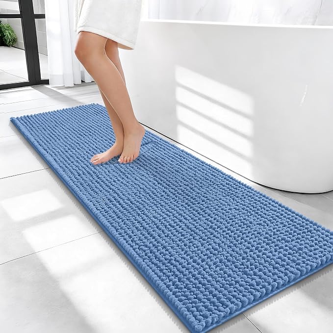 OLANLY Thick Bathroom Runner Rugs 47x17, Extra Soft Absorbent Chenille Bath Rugs, Rubber Backing, Machine Wash, Long Bath Mats for Bathroom, Tub and Shower, Home Decor Accessories, Cornflower Blue