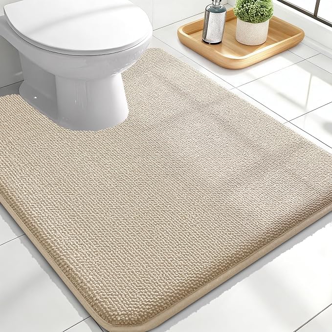 OLANLY Toilet Rugs U-Shaped 24x20, Extra Soft Absorbent Thick Memory Foam Contour Bathroom Rugs, Dry Quickly, Machine Washable, Non-Slip Toilet Bath Mat, Home Decor Accessories, Beige