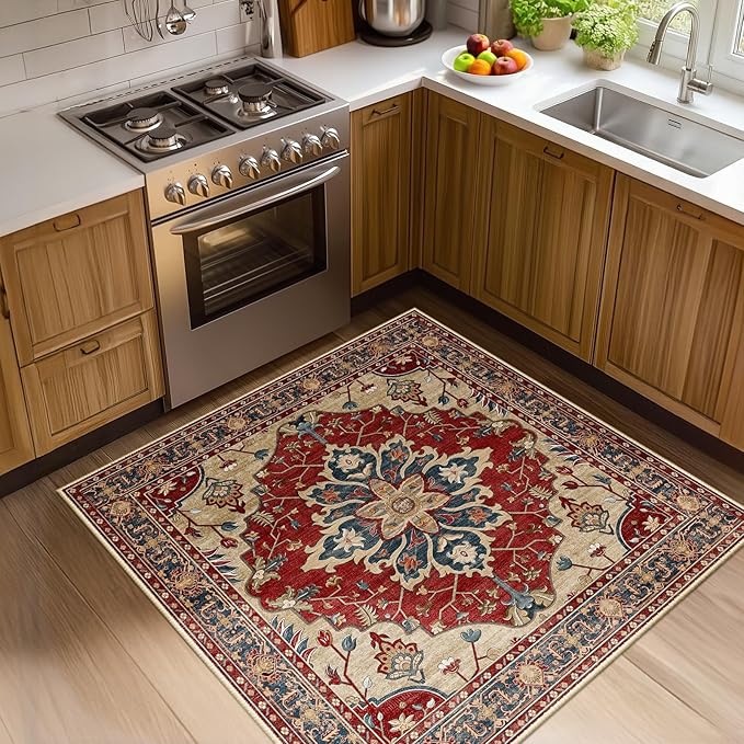 RELEANY Area Rugs Square 4ft Washable Non-Slip, Floral Vintage Distress Medallion Carpet for Living Room Bedroom Dining Room, Red Blue