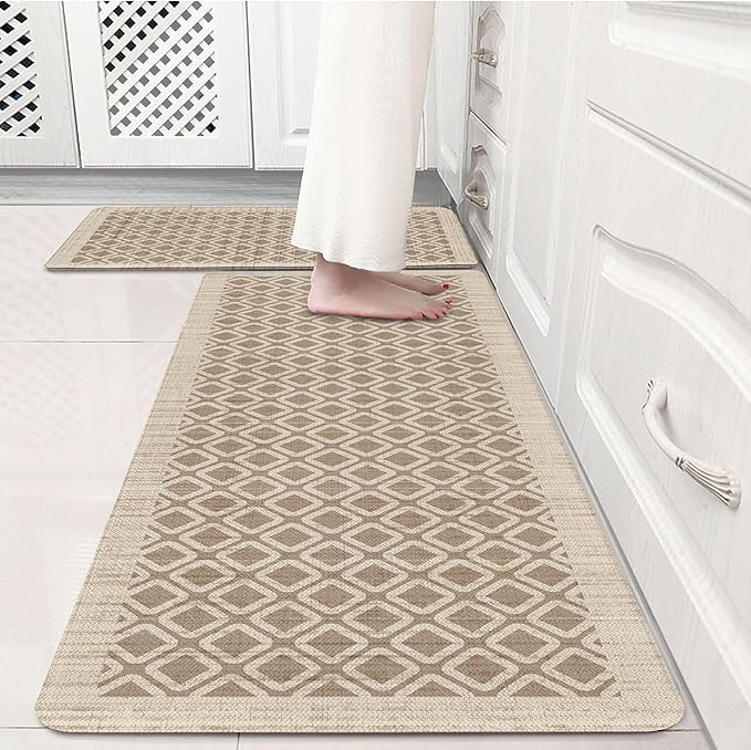 Tan Khaki Vintage Geometric Elegance Grid Kitchen Rug Sets [2 PCs], Anti-Fatigue, Waterproof Non-Slip Kitchen Mats Heavy Duty Comfort Foam Rug for Kitchen, Floor, Laundry,17"x29"+17"x47"