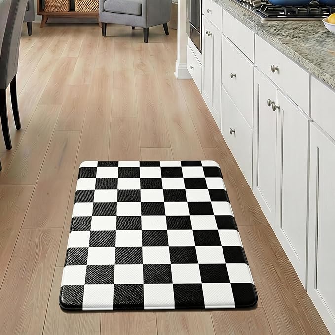 Checkered Grid BlackCheckerboard Kitchen Rug, Anti-Fatigue, Waterproof Non-Slip Kitchen Mat Heavy Duty Ergonomic Comfort Foam Rug for Floor, Home, Laundry,17.3"x29"
