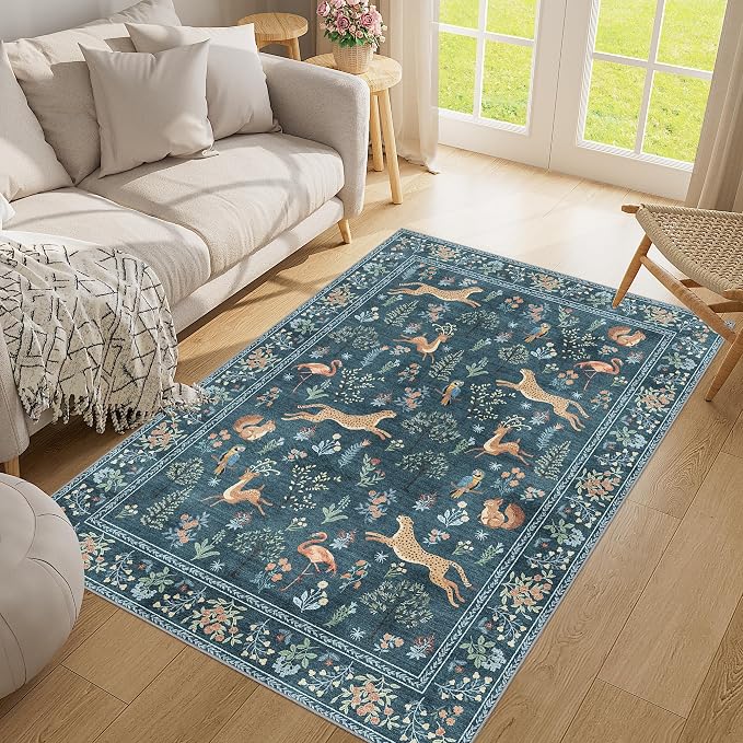 DUKINO 4x6 Rug, Washable Animal Area Rug with Non Slip Vintage Design, Indoor Soft Low Pile Carpet for Bedroom, Nursery, Dining Room, Farmhouse, Playroom, Blue
