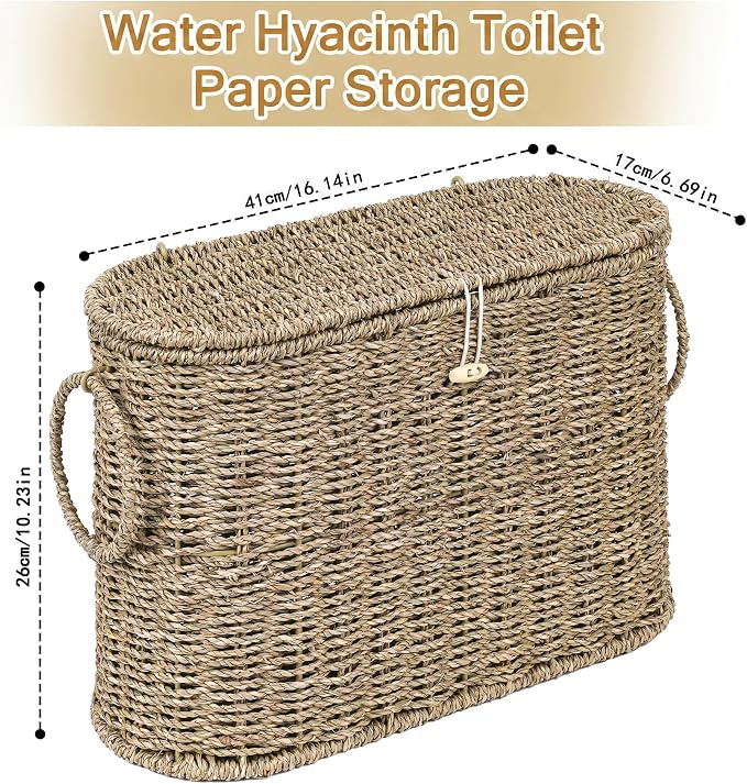 efluky Toilet Paper Storage Basket, Seagrass Slim Toilet Paper Holder with Lid- Holds Up to 9 Mega Rolls, Home Bathroom Decor Organizer