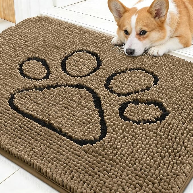 OLANLY Dog Door Mat for Muddy Paws 30x20, Paw Print Design, Absorbs Moisture and Dirt, Absorbent Non-Slip Washable Doormat, Quick Dry Chenille Mud Mat for Dogs, Entry Indoor Entryway Carpet, Tan