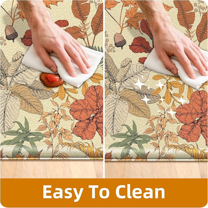 Orange Brown Botanical Kitchen Rugs Set of 2 Fall Maple Anti-Fatigue Kitchen Mat Natural Comfort Standing Waterproof PVC Mats 2/5" Thick Leather Carpet for Laundry Office Sink(17.3"x28"+ 17.3"x47")