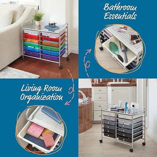 ECR4Kids 12-Drawer Value Mobile Storage Utility Cart, Craft Organizer, Assorted