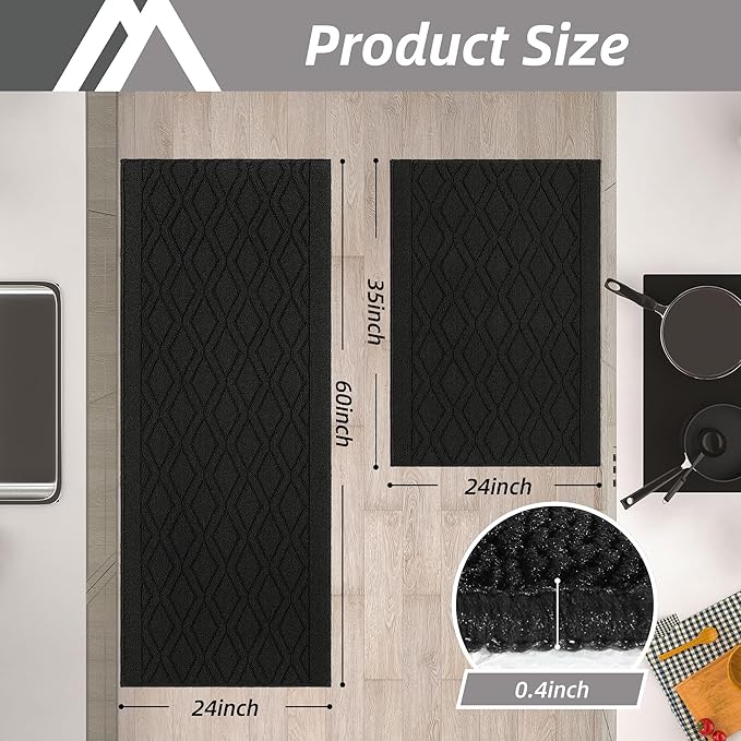 COSY HOMEER 60x24Inch/35X24Inch Kitchen Rugs Sets Non-Slip Washable Kitchen Mats for Floor Polypropylene Absorbent Kitchen Runner for Kitchen Sink Hallway Entryway(Black)