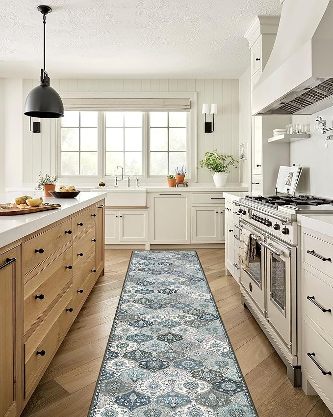 Lahome Moroccan Hallway Runner Rug Non Slip, 2x10 Washable Runner Rugs for Hallway 2x10 Vintage Ultra-Thin Throw Long Carpet for Kitchen Entryway Bedroom Laundry Room Elise, Blue