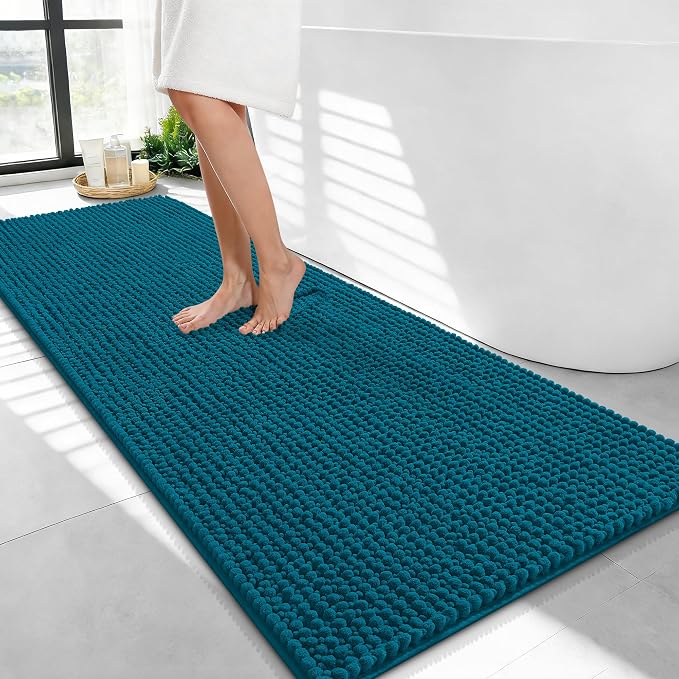 OLANLY Thick Bathroom Runner Rugs 47x24, Extra Soft Absorbent Chenille Bath Rugs, Rubber Backing, Machine Wash Dry, Long Bath Mats for Bathroom, Tub and Shower, Home Decor Accessories, Peacock Blue
