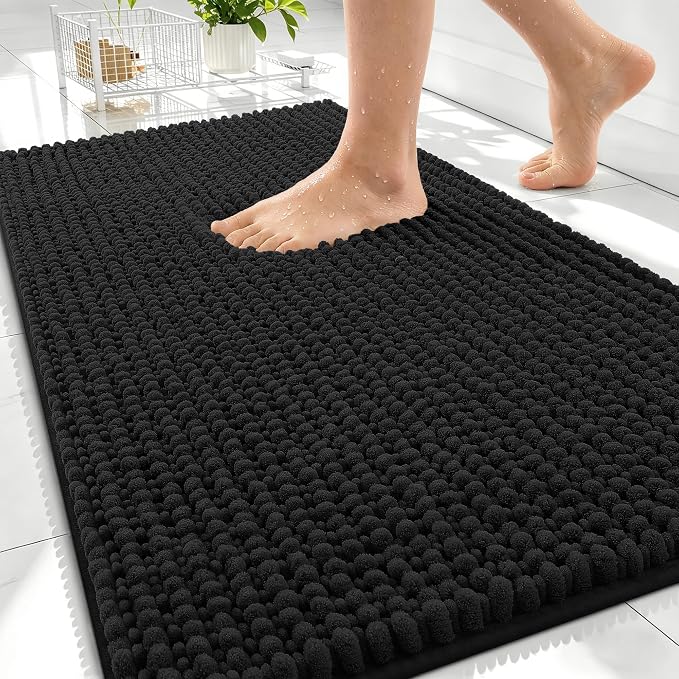OLANLY Thick Bathroom Rugs 34x21, Extra Soft Absorbent Chenille Bath Rugs, Rubber Backing, Machine Wash Dry, Bath Mats for Bathroom Floor, Tub and Shower, Home Decor Accessories, Black