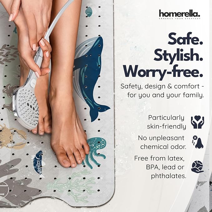 Bathtub Mat Non Slip Anti Mold for Kids 40x16 - homerella® Bath Mat for Tub, BPA Free, Incl. 2 Hooks, Washable Shower Mat Non Slip Anti Mold, Shower Mats for Inside Shower, EU Certified