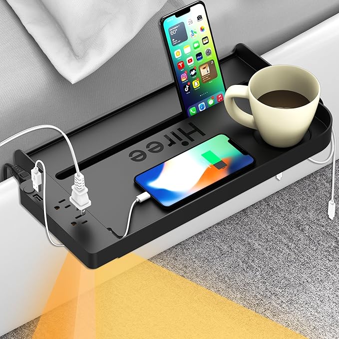 Bedside Shelf for Dorm Bunk Bed with USB Charging Port and 2 AC Outlets, Bedside Caddy, Attachable Bedside Table, College Dorm Essential Clip On Bedside Tray, Bunk Bed Accessories, Bedroom Furniture
