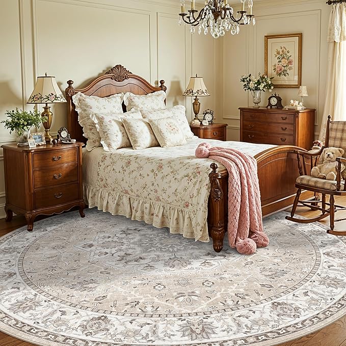 7x7 Living Room Area Rug: Washable Oriental Printed Soft Round Rug for Bedroom Besides Non-Slip Low-Pile Carpet for High-Traffic Area Indoor Stain Resistant Distressed Home Decor Mat(7Round,Beige)