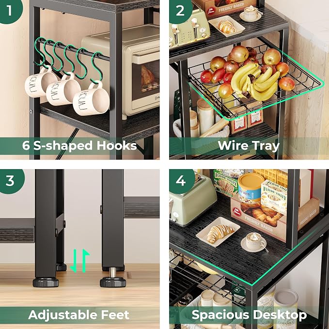 SUPERJARE Bakers Rack with Power Outlet, 47.2 Inches Coffee Bar with 3 Level-Adjustable Open Shelves, Wire Basket, Kitchen Microwave Stand with 6 S-Shaped Hooks, Black