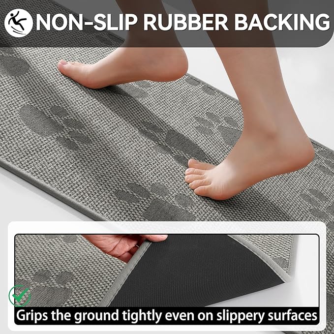 YDKGL Kitchen Mats for Floor, Super Absorbent Kitchen Rugs Non Slip Washable, Rubber Backing Soft Woven Linen Embroidery Runner Rug, Standing Mat Kitchen Sink Mat, Easy to Clean, Gray 17x47