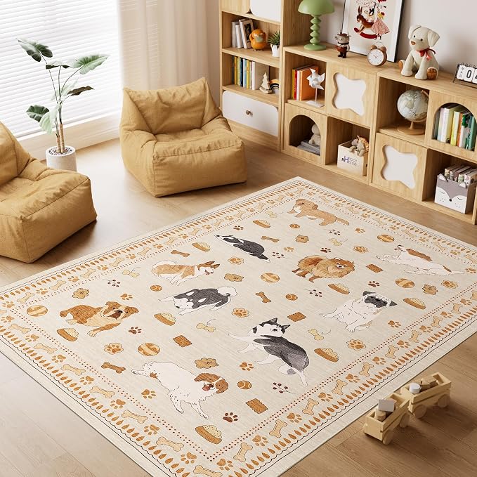 DUKINO 4x6 Area Rug, Non Slip Washable Rug for Living Room with Low Pile Design, Lightweight & Non Shedding Animal Dog Print Indoor Carpet for Bedroom, Dining Room, Kids Room, Office, Beige Yellow