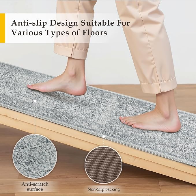 PureCozy Kitchen Mats 2PCS Anti Fatigue Cushioned Mat Blue Vintage Kitchen Mats for Floor Waterproof Non Slip Comfort Standing Distressed Rug for Sink Laundry Office 17.3"x59"+17.3"x30"