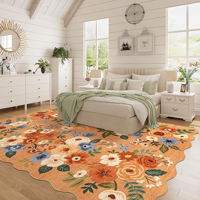 DUKINO 6x9 Area Rug, Floral Washable Rugs for Living Room with Non Slip Backing & Non-Shedding, Lightwight Low Pile Boho Design Large Carpets for Bedroom, Living Room, Dining Room, Orange