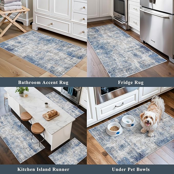 Kitchen Mats for Floor 3 Piece Set, Washable Non-Slip Farmhouse Kitchen Rugs for Hardwood Floor, Rustic Floral Boho Runner Rug for Sink,Entryway & Hallway & Bathroom (Blue/Grey/Ivory,2x3+2x4+2x5)
