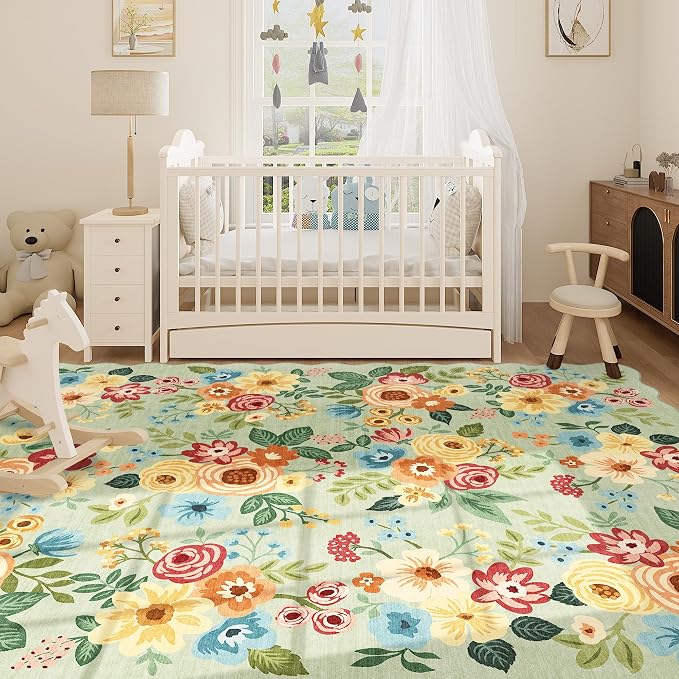 DUKINO 8x10 Area Rug, Floral Washable Rugs for Living Room with Non Slip Backing & Non-Shedding, Lightwight Low Pile Boho Design Large Carpets for Bedroom, Living Room, Dining Room, Green