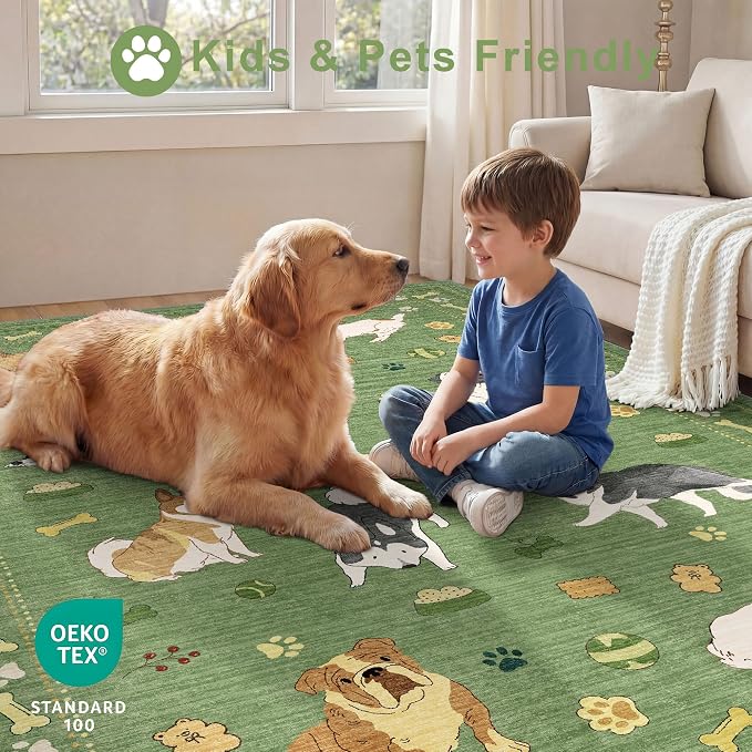 DUKINO 2.6x8 Washable Runner Rug for Hallway, Non Slip Animal Dog Kitchen Rug with Low Pile Design, Ultra Soft & Stain Resistant Indoor Carpert Runner for Entryway, Bedroom, Laundry, Bathroom, Green