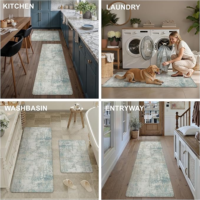 Kitchen Mats for Floor Set of 2 Anti Fatigue Waterproof Kitchen Rug Blue Cream Abstract Cushioned Non-Slip Kitchen Mats Comfort Standing Neutral Mat for Sink Laundry Office 17.3"×47"+17.3"×30"