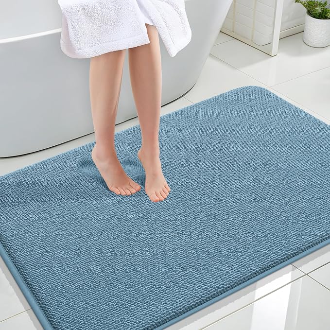 OLANLY Thick Memory Foam Large Bathroom Rugs 47x32, Extra Soft Absorbent Bath Rug, Quick Dry Bath Mat, Non-Slip, Machine Washable Mats for Bathroom, Tub and Shower, Home Decor Accessories, Airy Blue