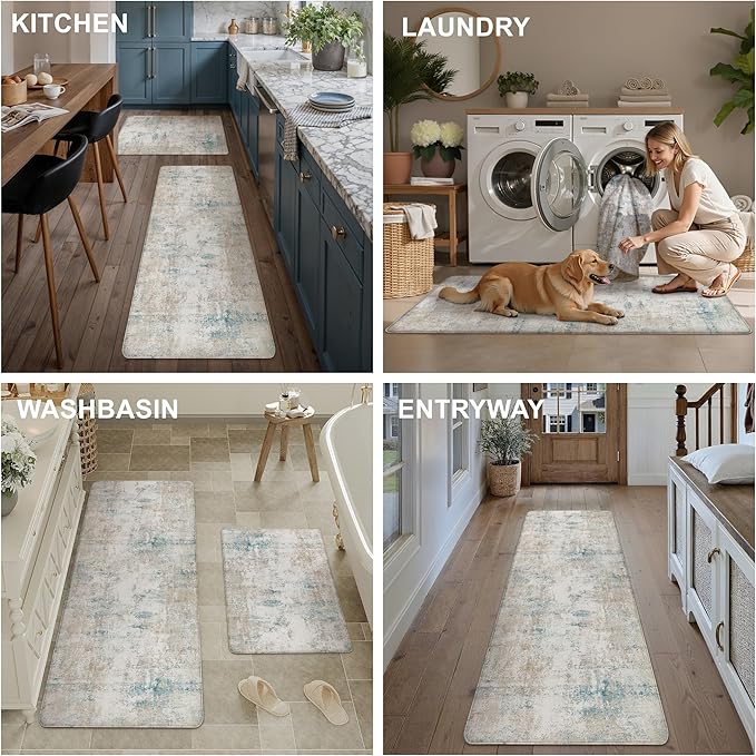 Kitchen Mats for Floor Set of 2 Anti Fatigue Waterproof Kitchen Rug Beige Blue Abstract Cushioned Non-Slip Kitchen Mats Comfort Standing Neutral Mat for Sink Laundry Office 17.3"×47"+17.3"×30"